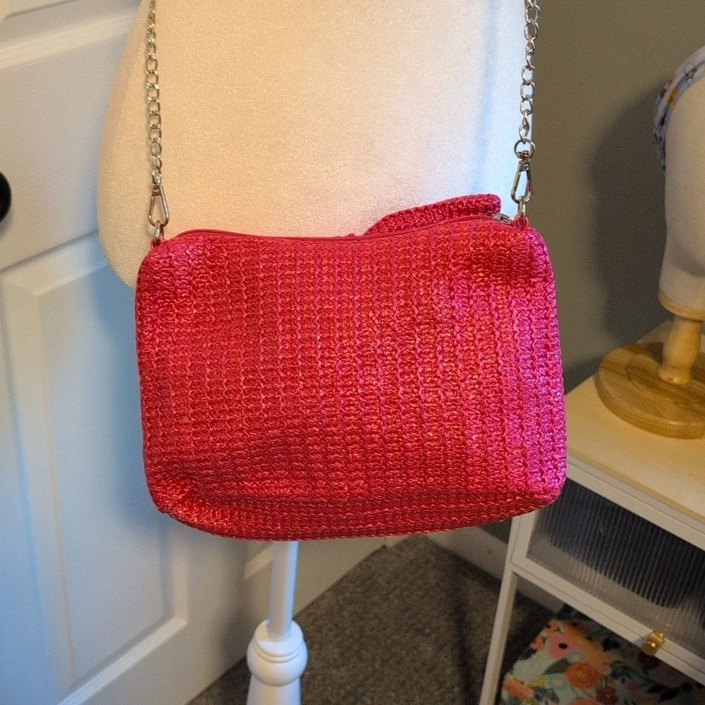 Women's Pink Straw Bow Clutch Handbag NWOT